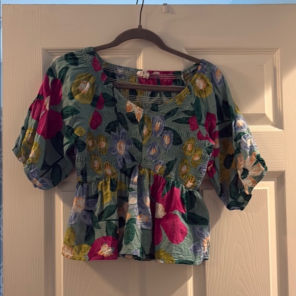THML Tops - Floral Smocked Peplum Top - Green Floral